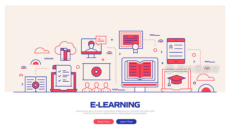 E-Learning，在线教育和远程教育相关的现代矢量插图