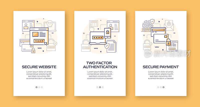 数据安全和网络安全概念入职移动应用程序页面屏幕与平面图标。UI设计模板矢量插图