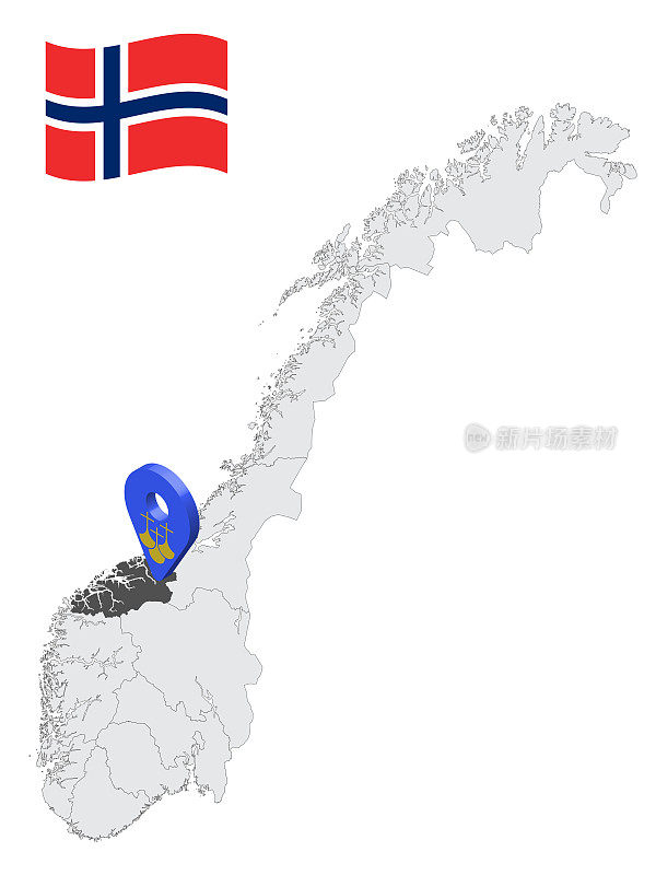 位置More和Romsdal县在挪威地图上。3d位置标志类似于More和Romsdal旗。质量地图与地区的挪威为您的设计。EPS10。