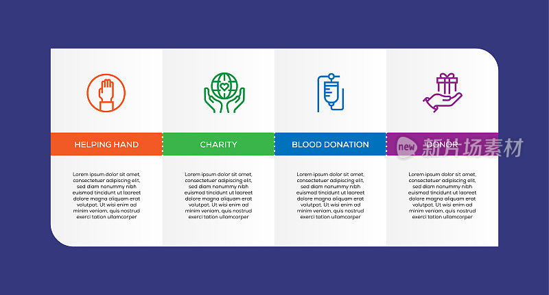 信息图表设计模板。帮助之手，慈善，献血，献血者图标有4个选项或步骤。