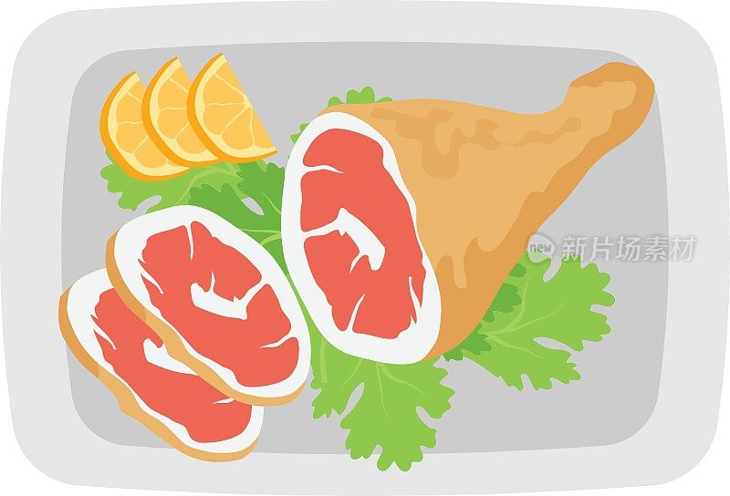 意大利熏火腿概念，帕尔玛火腿与骨矢量图标设计，意大利国家菜标志，传统美食符号在白色背景，美食烹饪和餐厅菜单项目，