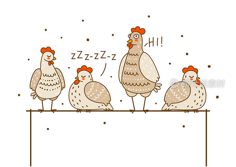 鸡窝上可爱的小鸡的水平边界
以白色卡通人物孤立母鸡为开心农场设计