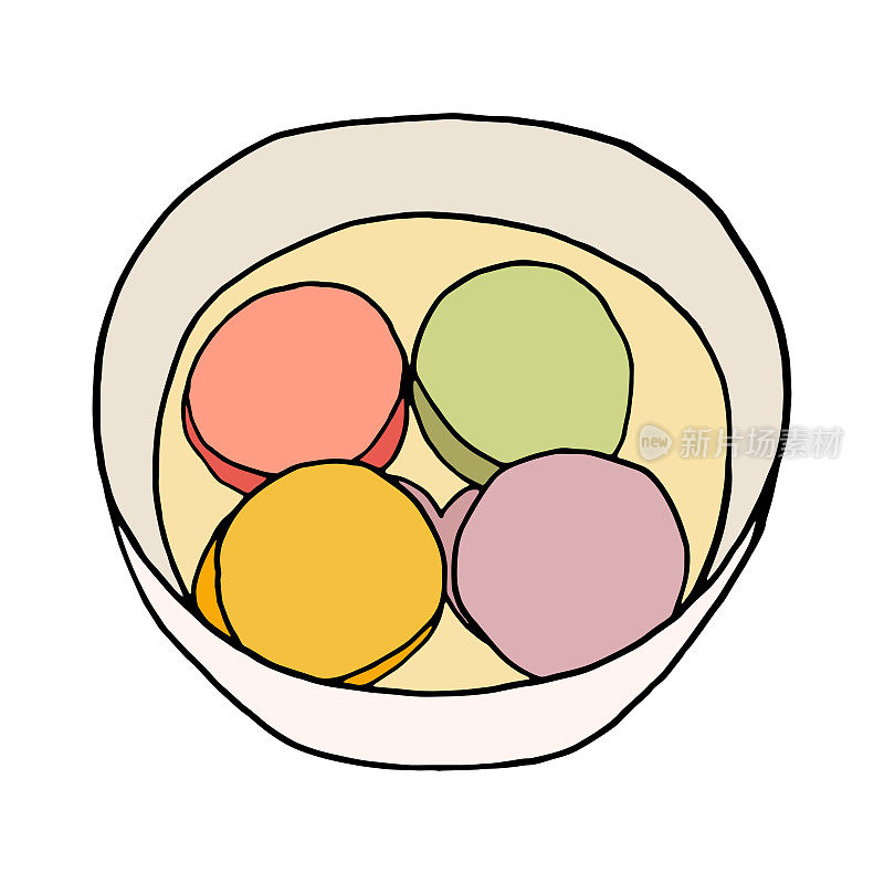 手绘涂鸦汤圆。中国菜菜。设计草图元素的菜单咖啡馆，餐厅，标签和包装。矢量彩色插图在白色的背景。
