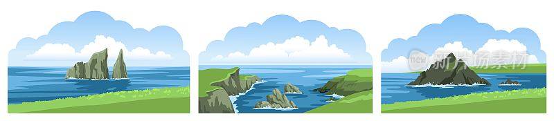 集海景尽收眼底。岩石，悬崖，石头，海岸线，海岸，山脉和蓝天白云。色彩斑斓的美丽风景。矢量插图。“t