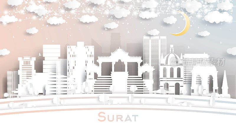 苏拉特印度城市天际线剪纸风格的雪花，月亮和霓虹灯花环。