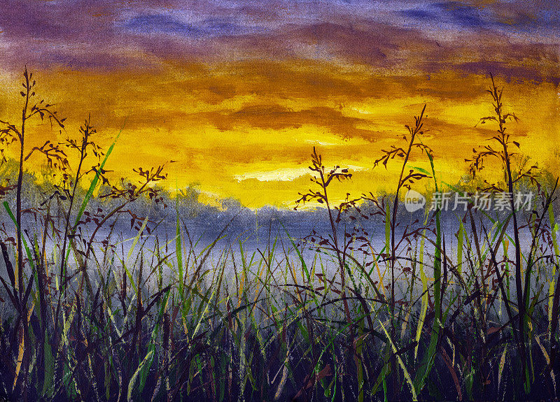 草地的背景美丽的日落，黎明画莫奈画克劳德印象主义画风景夏季草地草地油