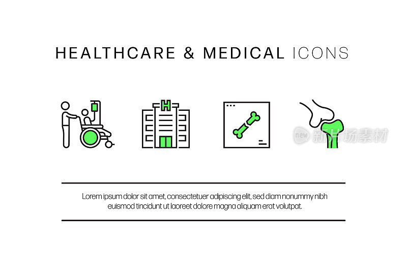 医疗保健和医疗平面线图标，轮廓向量符号插图。