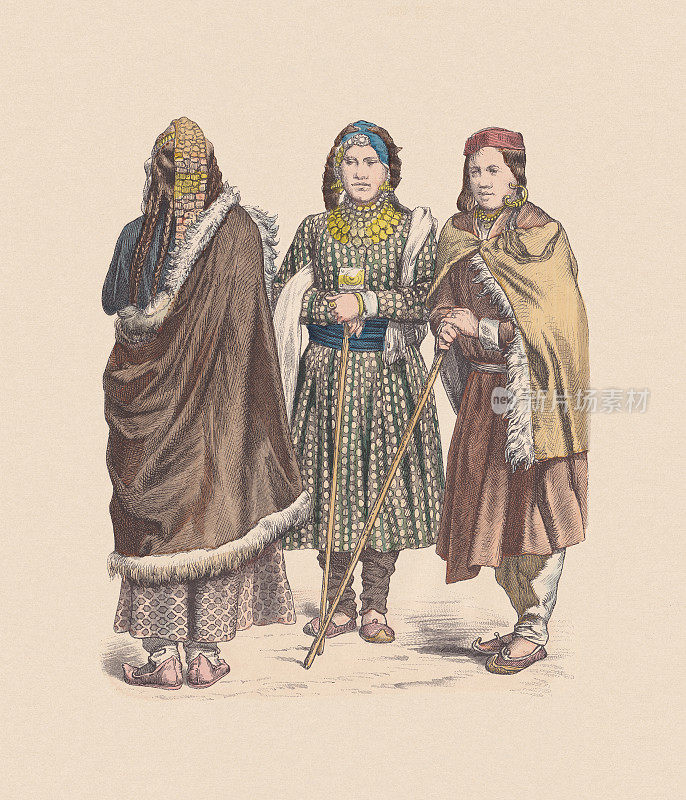 19世纪中亚服饰，手工着色木刻，1880年出版