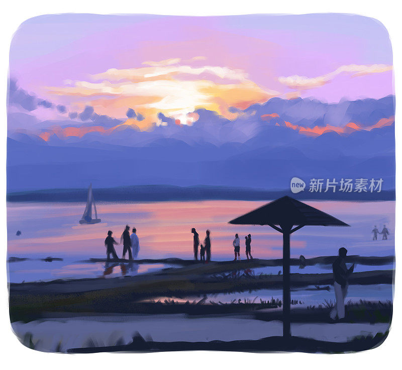 Svityaz湖的彩色栅格景观。人们在黄昏的海滩上散步。美丽的日落自然的数字绘图。油画风格的艺术插图，适用于明信片，印刷，贴纸，装饰。