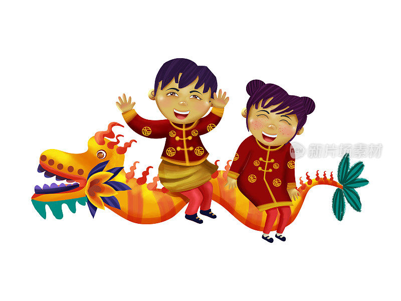 中国男孩和女孩骑着龙飞行。传统新年孤立插图。