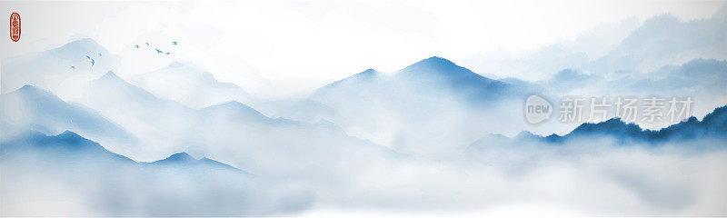 雾蒙蒙的山峦，缓缓的山坡，天空中鸟群成群。传统东方水墨画梅花、梅花、梅花。
