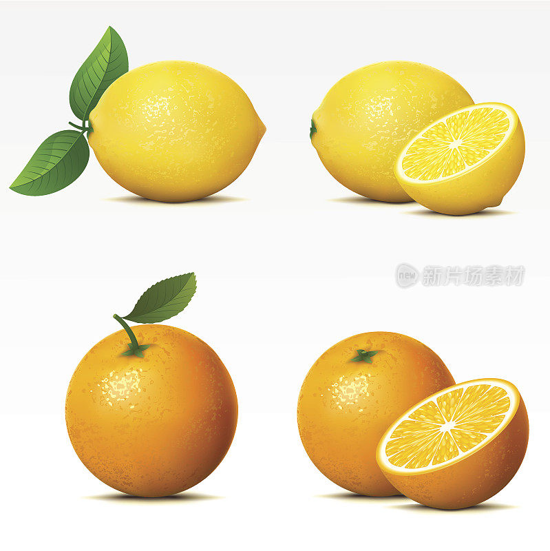 柠檬和橙子都是整的，切成两半