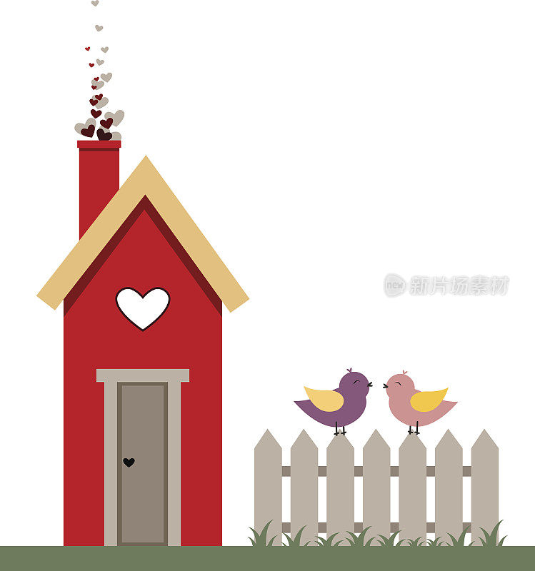 巢箱与一对相爱的鸟夫妇。情人节卡片