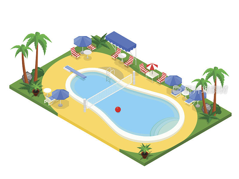 真实的室外等距游泳池。创造性的3D矢量插图。