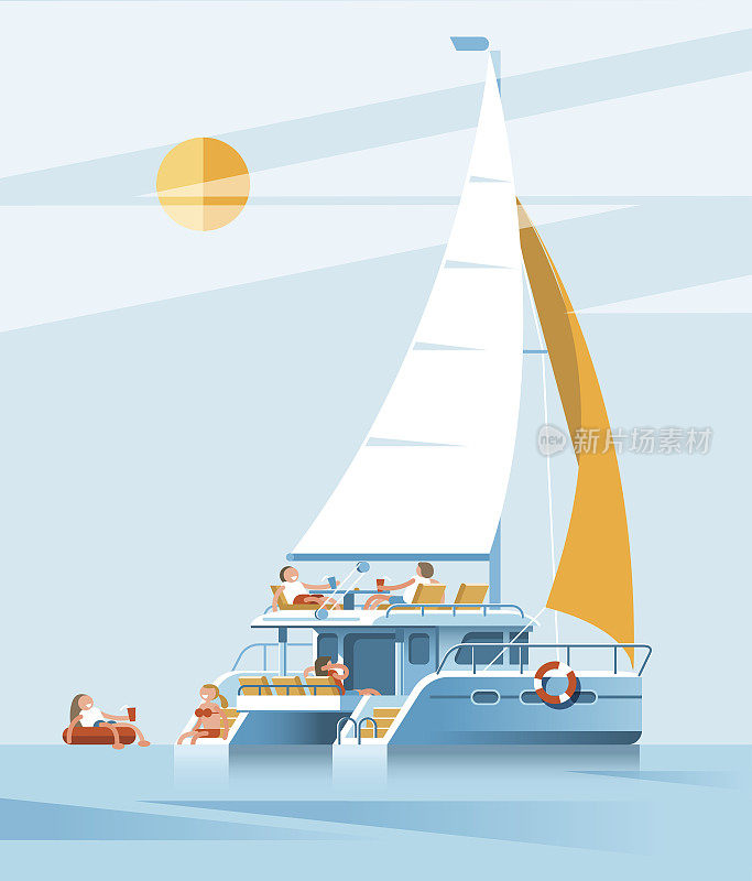 带游客的双体帆船。游泳，放松，在海上度假。平面风格的插图。
