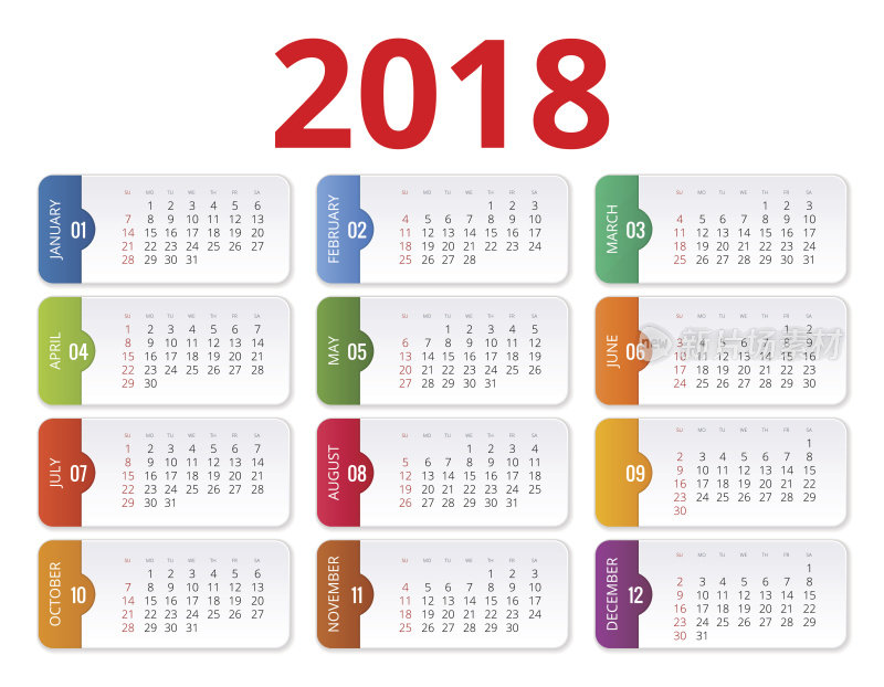 2018年日历。打印模板。上周星期天开始。肖像取向。一套12个月。2018年计划。