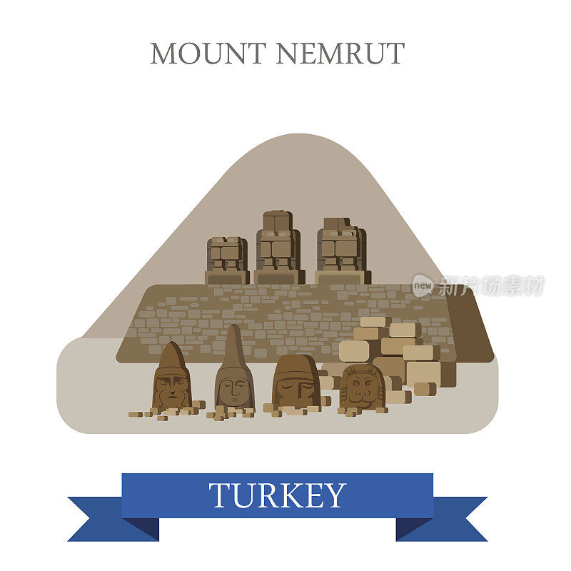 在土耳其的内姆鲁特山。平面卡通风格的历史景点展示景点网站矢量插图。世界各国城市度假旅游观光亚洲收藏。