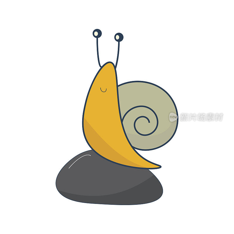 可爱有趣的蜗牛坐在石头上。简单的卡通风格的插图一个快乐的蜗牛。