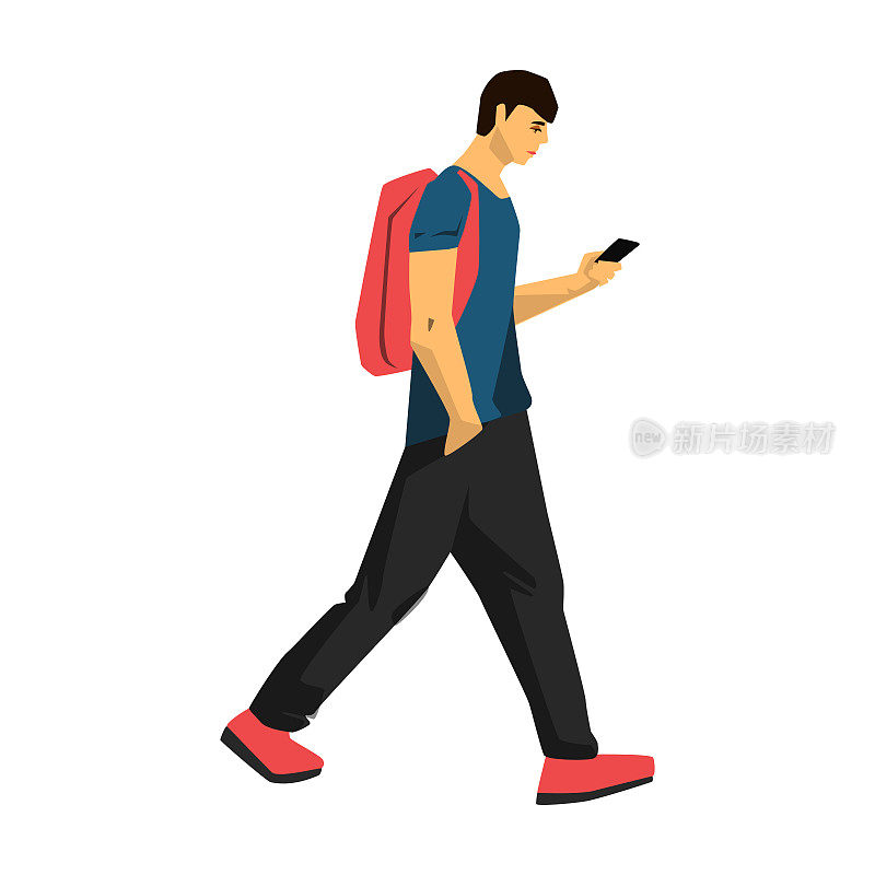人行走与智能手机矢量插图上的白色背景