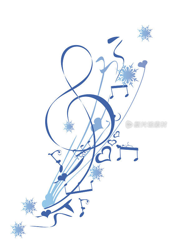 冬天的音乐。抽象高音谱号装饰雪花和音符。