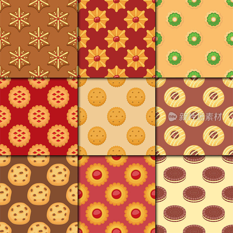不同的饼干蛋糕无缝图案背景甜食品美味的零食饼干甜甜点矢量插图