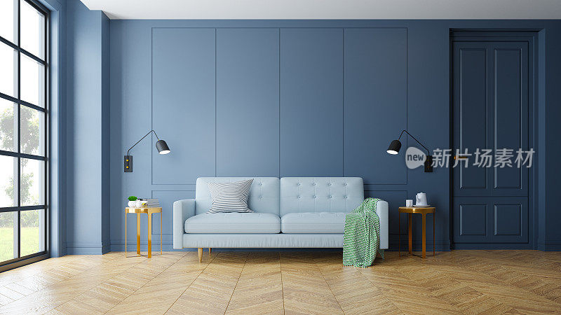复古现代的客厅内饰，黑色台灯旁的蓝色沙发，parguet地板上的金色桌子和深蓝色的墙壁，3d渲染