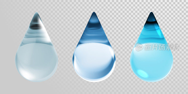 水滴孤立在透明的背景。矢量3d逼真的清洁蓝色水滴保湿霜或透明质酸精华和护肤胶原蛋白化妆品或地球自然生态设计