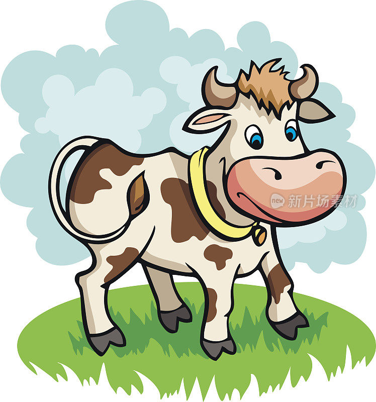 矢量插图的搞笑卡通牛在草地上吃草