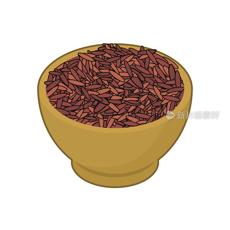 红米在木碗中孤立。木碟中的格栅。白色背景上的纹理。矢量图
