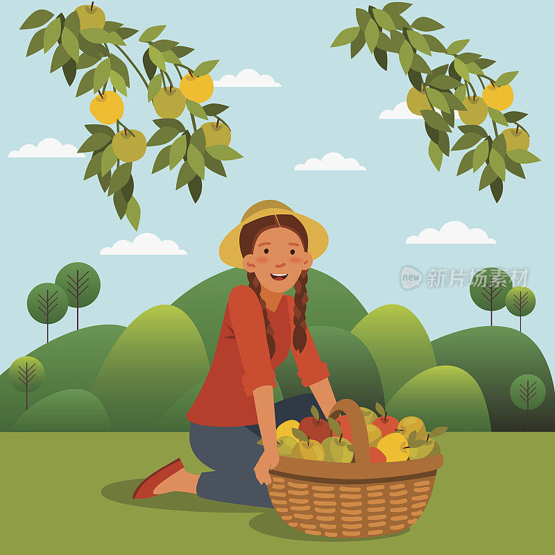 一个年轻女子在花园里抱着一篮子新鲜的苹果