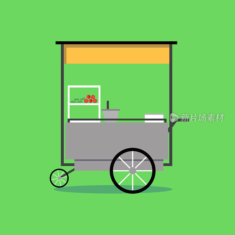平坦的泰国街头食品售卖车与绿色背景矢量图。木瓜沙拉辣车在轮子上。