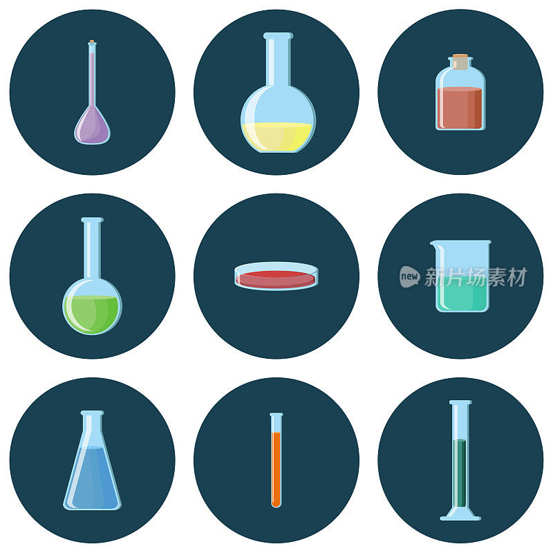 化学玻璃器皿。烧瓶，烧杯，管，瓶子，培养皿一套图标。