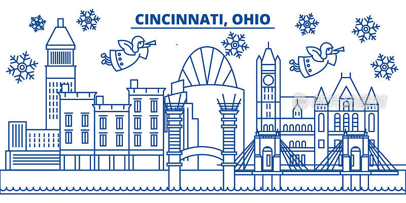 美国俄亥俄州辛辛那提冬季城市天际线。圣诞快乐，新年快乐的横幅装饰。冬天的贺卡上有雪花和圣诞老人。平,行向量。线性圣诞插图