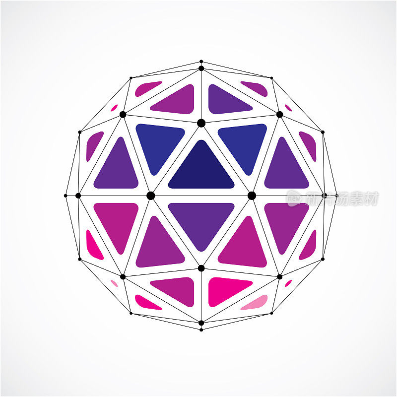 三维向量低多面球对象与黑色连接的线和点，几何紫色线框形状。使用三角形切面创建的透视球体。