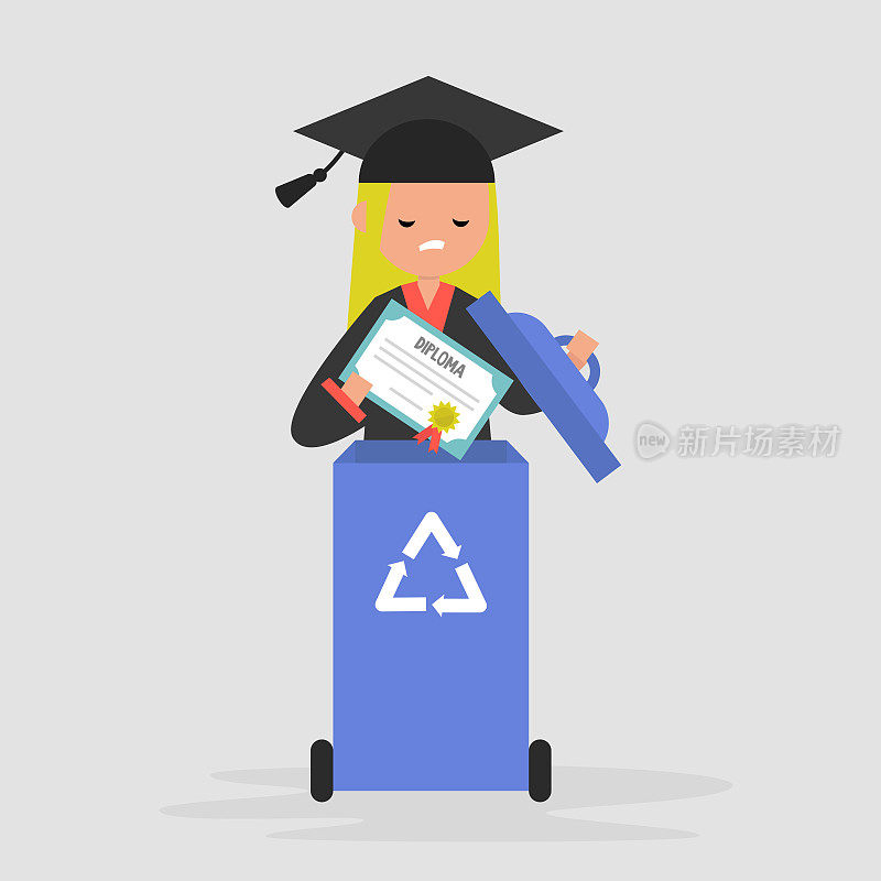 教育的危机。失望的女毕业生扔掉了文凭。废纸回收容器。平面可编辑矢量插图，剪辑艺术