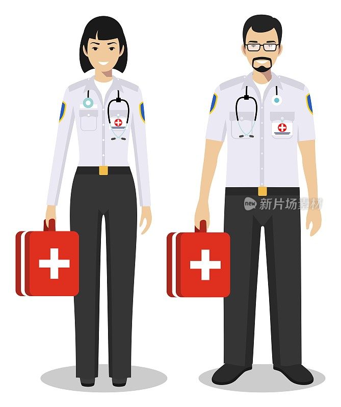 医疗团队合作的概念。详细说明夫妇的护理人员的男人和女人，急诊医生，护士在白色的背景平风格。开业医生站在一起。向量