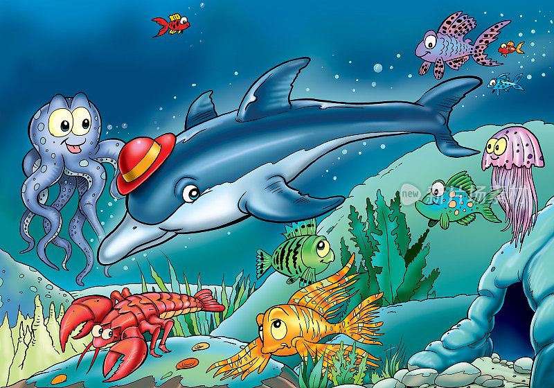 卡通海洋动物在深底背景与章鱼，海豚，鱼，珊瑚。