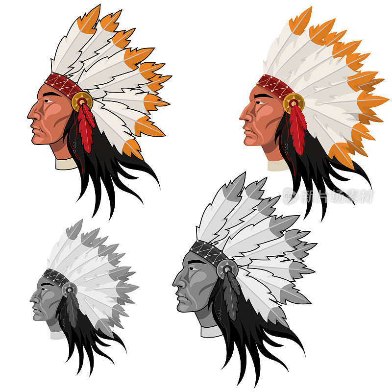 美洲原住民头部的颜色和灰度矢量图像