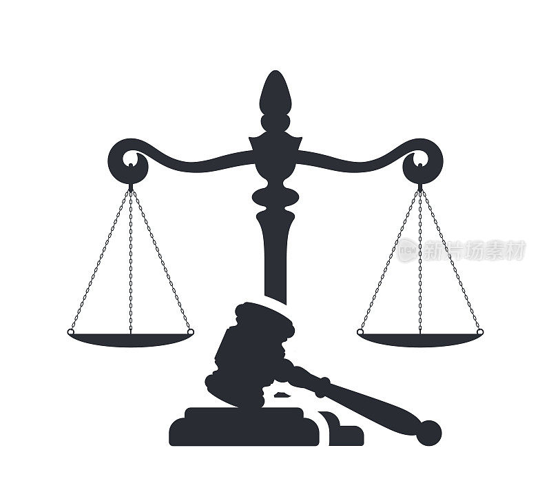法律与正义观念。法官的木槌和正义的天平。向量轮廓。天秤座和木槌。法律中心或法律倡导者的象征。