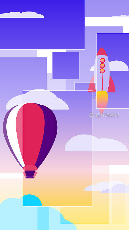 一个多云的天空的现代分层插图-马赛克，拼贴或拼图火箭和气球在天空。