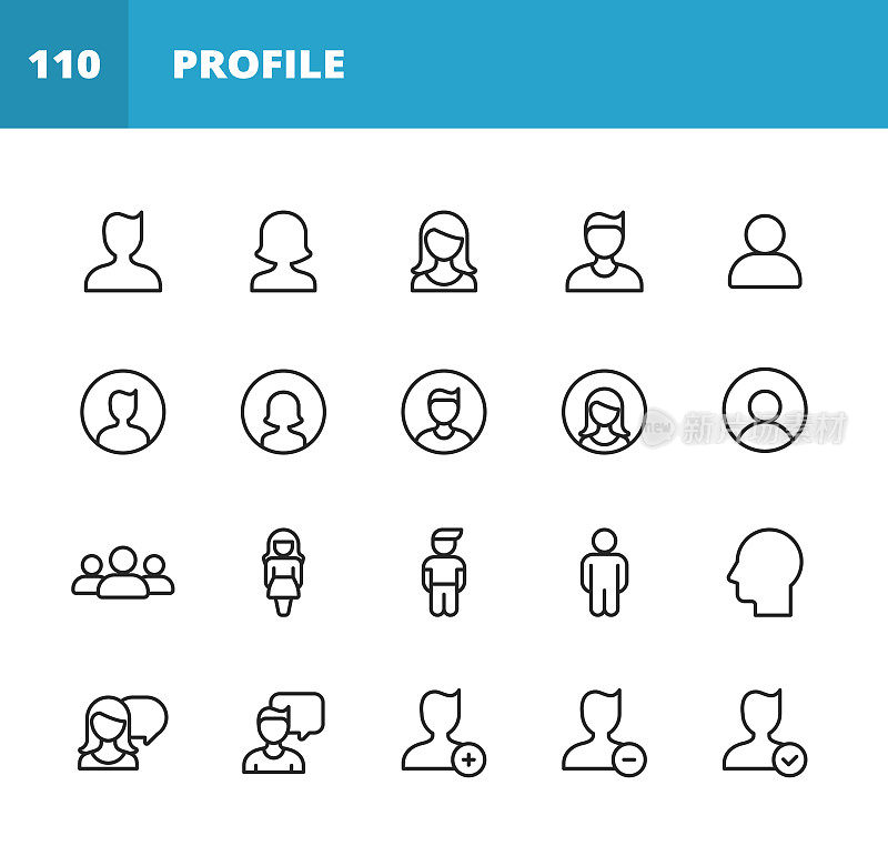 配置文件和用户线路图标。可编辑的中风。像素完美。移动和网络。包含如档案，用户，社交媒体，成员，沟通，头像，客户支持，人，男人，女人，用户界面设计，播放器，会议，视频。