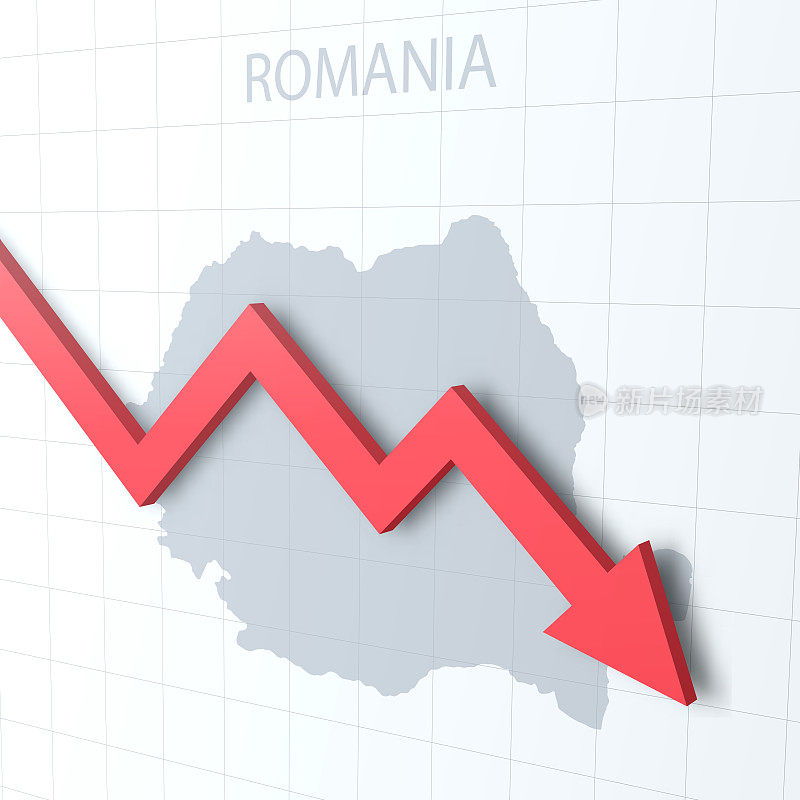 坠落红色箭头与罗马尼亚地图的背景