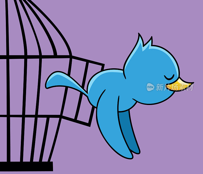 一只蓝色的鸟从鸟笼里出来了