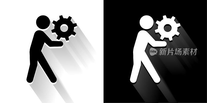 棍图持有齿轮黑色和白色图标与长影子