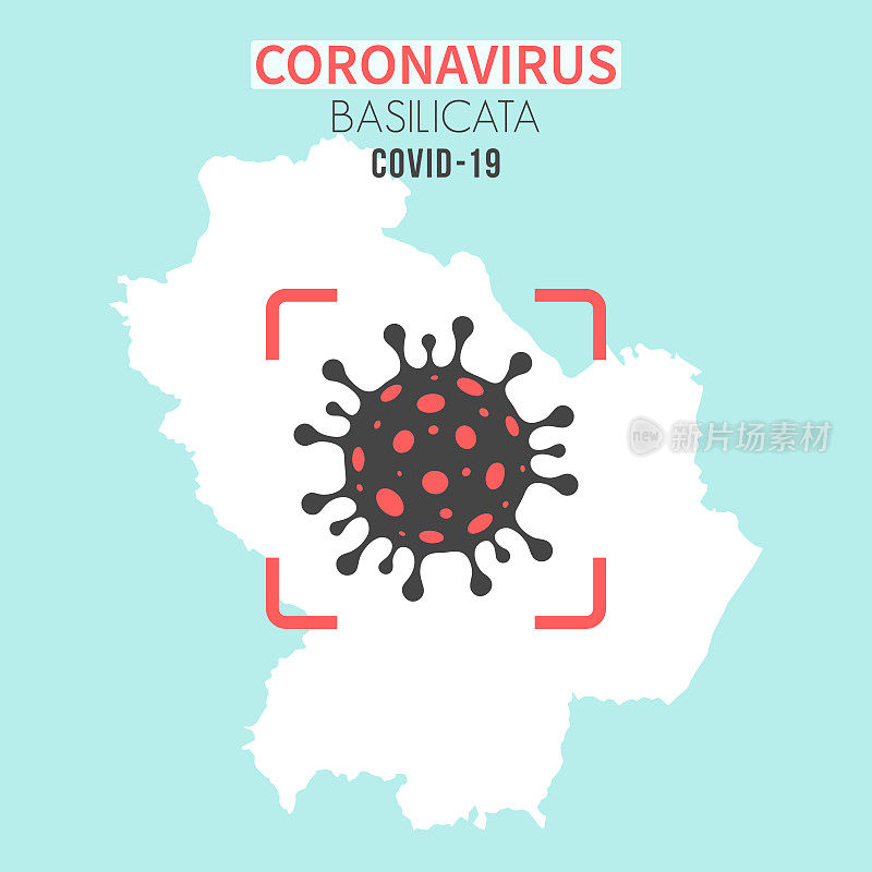 巴西利卡塔地图，红色取景器中有冠状病毒(COVID-19)细胞