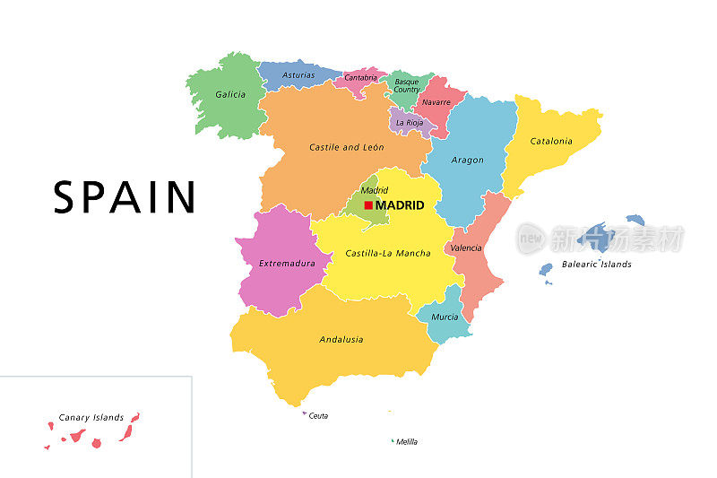 西班牙政治地图上有彩色的行政区划