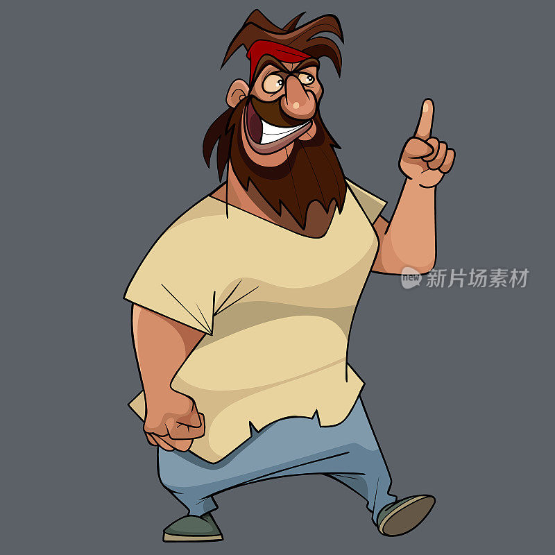 卡通人物蓬头垢面的大胡子男子竖起食指