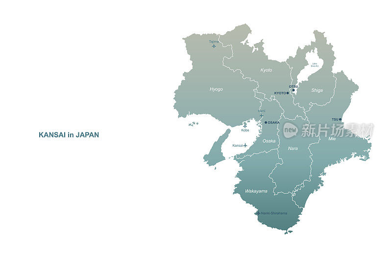 关西地图。日本区域矢量地图。