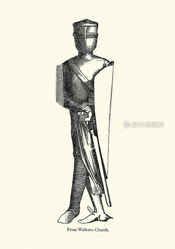 大约13世纪，穿着盔甲和头盔的中世纪骑士