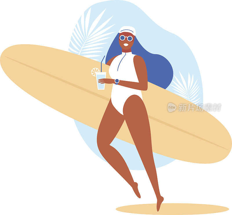 冲浪女孩和冲浪板在沙滩上散步，喝着鸡尾酒。海滩上的漂亮姑娘。冲浪。暑假。平面向量插图。